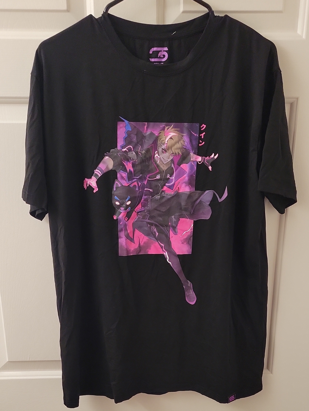 Black Graphic Anime Tee with Pink & Purple Artwork